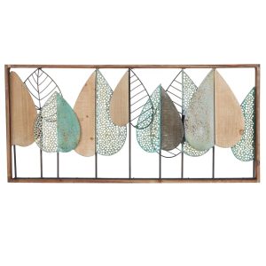 DecMode Brown Wood Cutout Leaf Wall Decor with Green and Black Metal Wire Accents