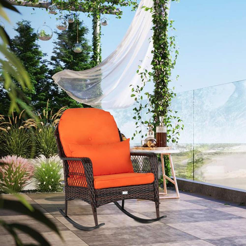 Zimtown Outdoor Wicker Rocking Chair Rattan Outdoor Patio Yard Furniture,Outdoor Rocking Chair w/ Thick Cushion,Wicker Rocker,Orange