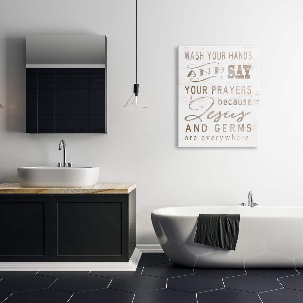 The Stupell Home Decor Collection White Wood Look Jesus And Germs Are Everywhere Wash Your Hands Sign Canvas Wall Art - Image 4