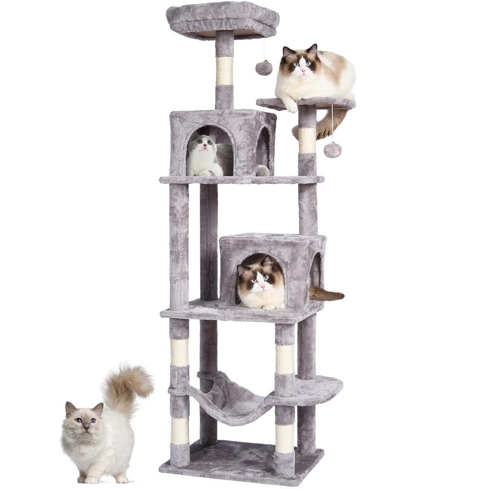 KFFKFF Feline Structure, 63" Feline Stand with Dual Kitty Houses, Sisal Scratch Pole, Relaxing Swing, Elevated Lounging Spot, Leaping Stages, Spacious Cat Play Equipment with Dangling Sphere, Pale - Image 6