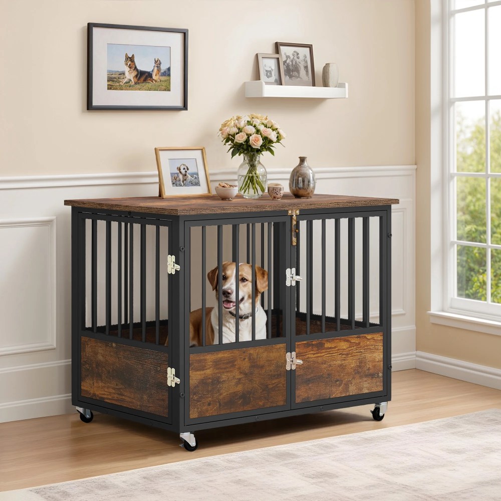 ModFusion 38" Double Door Dog Crate with Wooden Top for Storage, Locking Casters, and Waterproof Surface-Durable, Easy-to-Clean Pet Crate - Image 7