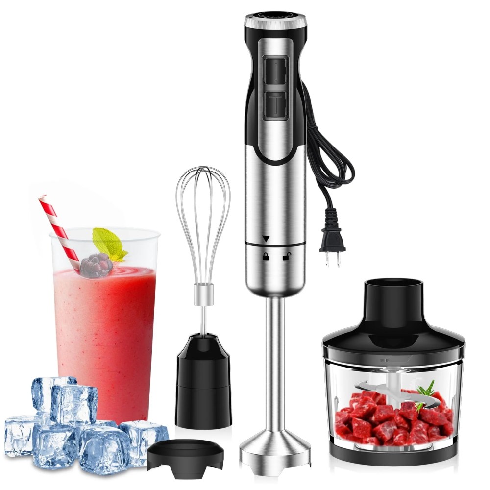 1800W Immersion Blender Handheld 4-in-1 Hand Blender Stick for Ice Crushing Smoothie,Baby Food,Soup,8 Speed Hand Mixer Turbo Boost Stainless Steel Blade with Whisk,Chopper,Beaker