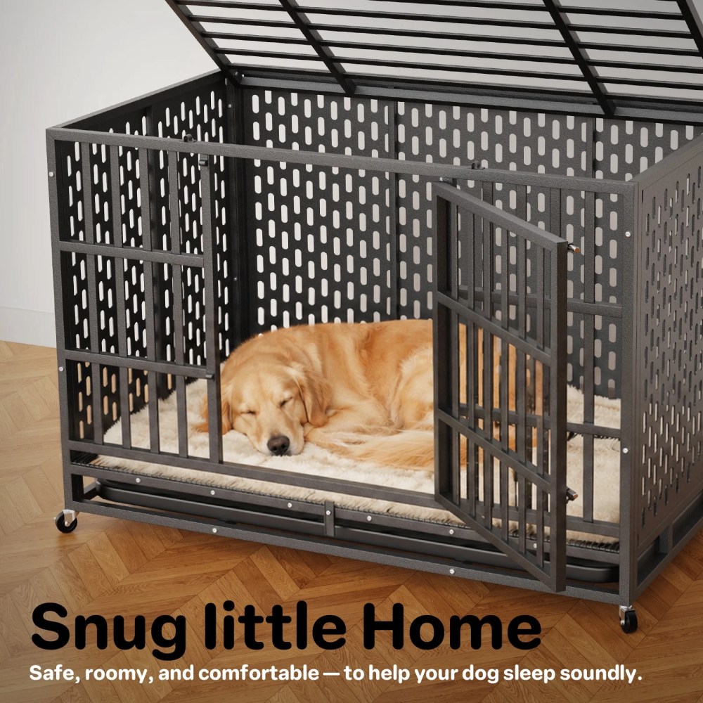 YOKWOK 48 Inch Heavy Duty Indestructible Dog Crate Cage, Chew Proof & Escape-Proof XL Kennel for High Anxiety Large Dogs, with Locking Wheels and Removable Tray for Indoor & Outdoor Use, Black - Image 2