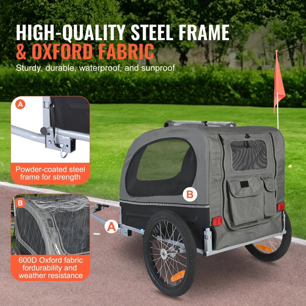 KFFKFF Water-Resistant Steel Pet Bicycle Trailer for Dogs & Cats, Black Gray - Image 8