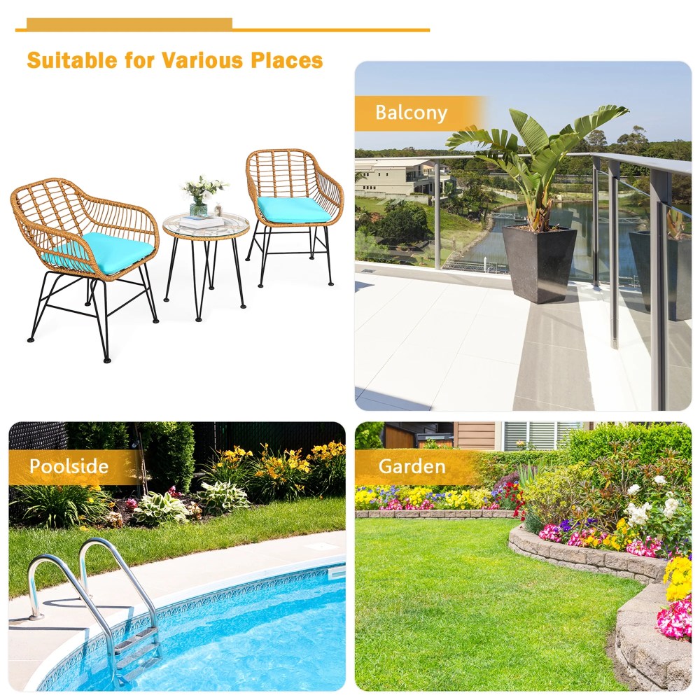 Gymax 3PCS Rattan Patio Bistro Set Conversation Furniture Set w/ Turquoise Cushions - Image 8