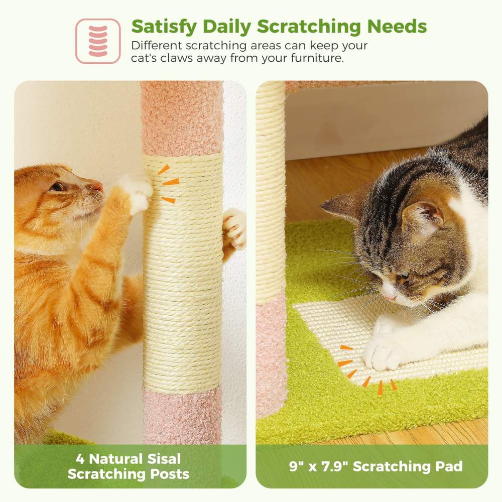 Pefilos 62" Cat Tree for Indoor Cats, Modern Cat Tree Tower with 2 Spacious Condos, Scratching Pad, 4 Cat Scratching Posts, 2 Top Perches, 2 Pompoms, - Image 7