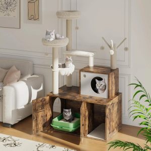 Large Cat Tree with Litter Box Enclosure, 3-in-1 Cat Tower,  Hidden Pet Washroom Litter Box Furniture, Wooden Multi-Level Cat Condo Furniture with Sisal Scratching Posts, Soft Plush Perch,  Hammock