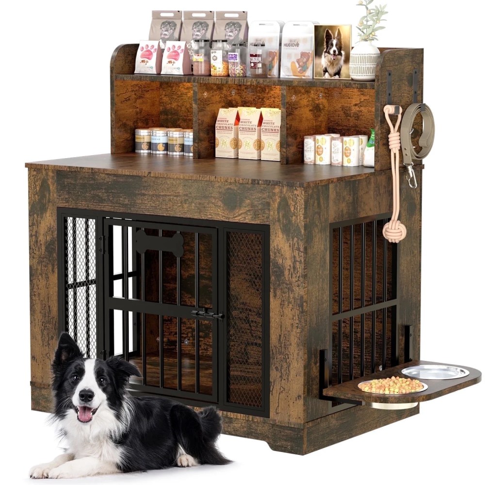 Behost 34" Dog Crate Furniture for Small /Medium Dogs with LED Light Feeding Bowls, Dual-Layer Storage, Decorative Dog Kennel for Indoor , Rustic Brown