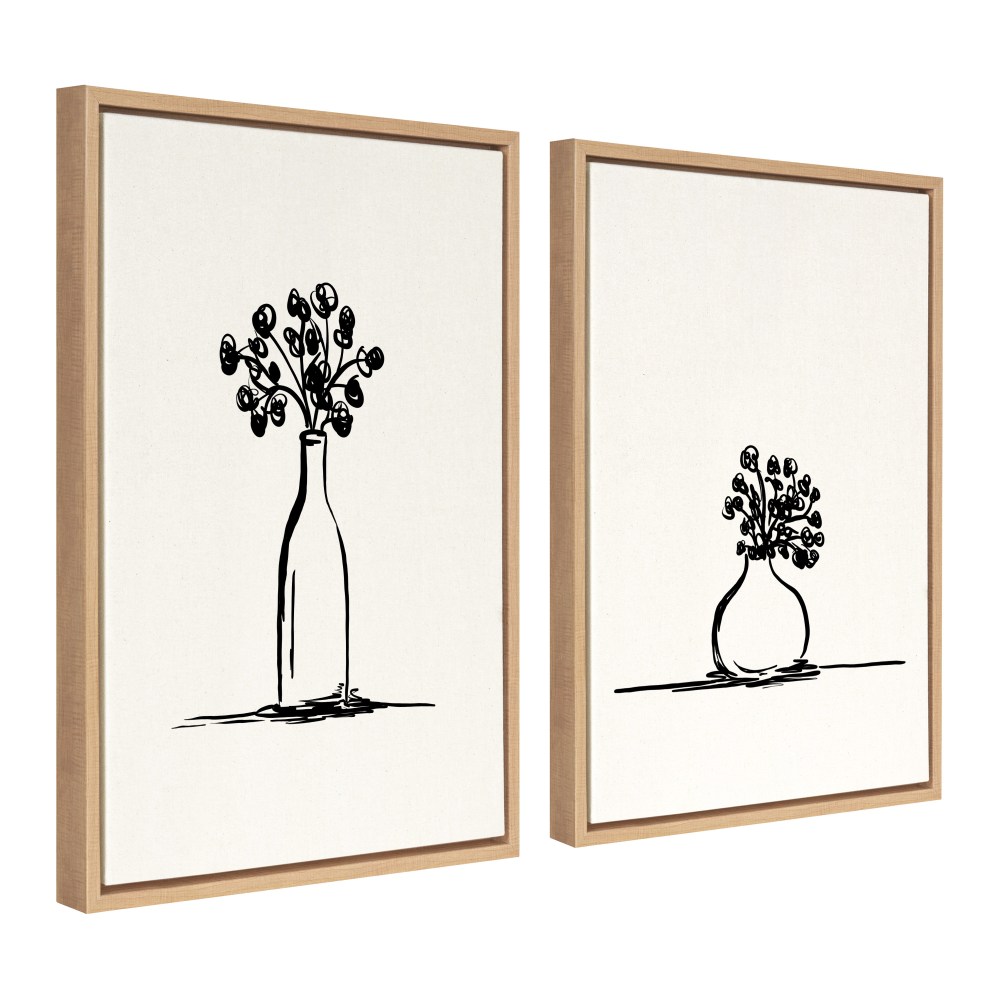 Kate and Laurel Sylvie Still Life Sketched Botanical Flower Vase Art Set on Framed Linen Textured Canvas by The Creative Bunch Studio, 1824 Natural, Illustrated Chic Floral Still Life - Image 6