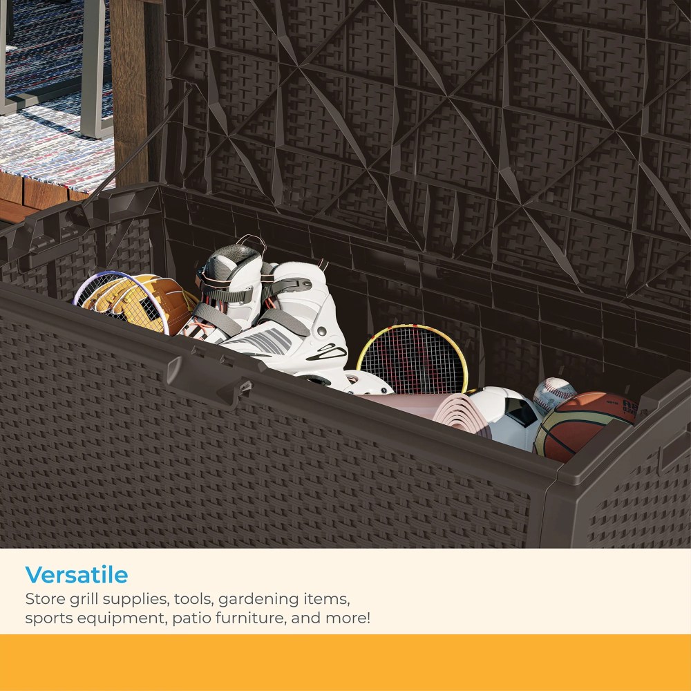 Suncast Resin 99-Gal Capacity Deck Box, Patio, Mocha Brown, DBW9200 52 in D x 27.5 in H x 27.6 in W - Image 5