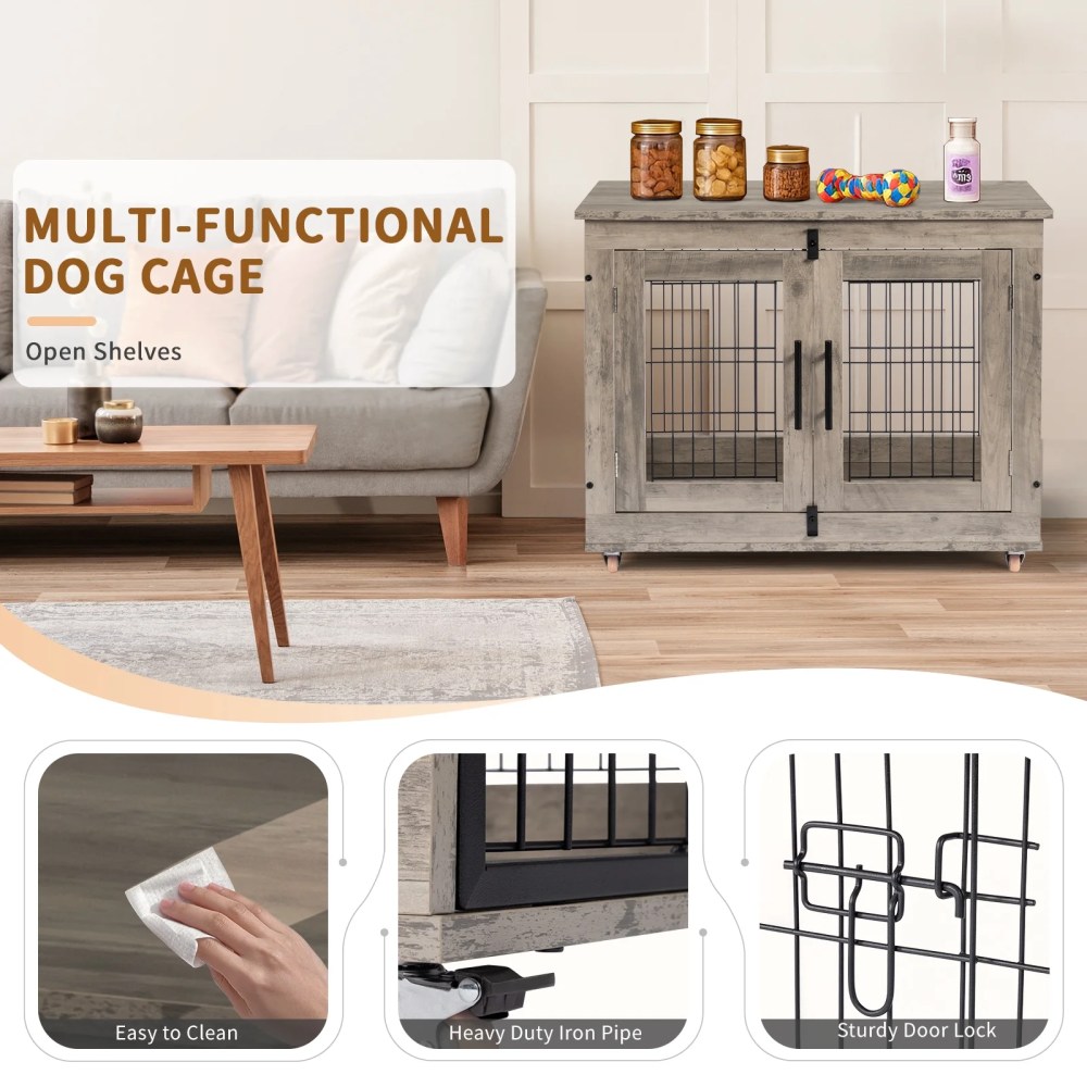 Zimtown 31In Indoor Dog Crate Furniture, Double Door Wooden Pet Cage with Removable Tray, End Table, Light Gray - Image 8