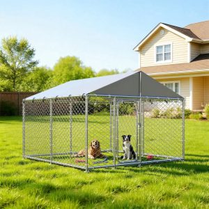 YOKWOK 7.5X7.5ft Outdoor Dog Kennel Outside with Metal Large Dog Gate,  Outdoor Dog Pens with Roof,  Heavy Duty Dog Kennel for Backyard Farm Use