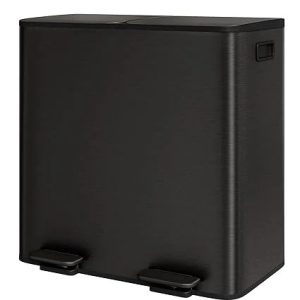 2 x 10.6 Gallon Stainless Steel Double Trash Can with Lid for Kitchen,Large Dual Trash and Recycle Bin Combo,Step-on Kitchen Metal Garbage Cans,PP Inner Buckets,Liner Rim,Matte Black
