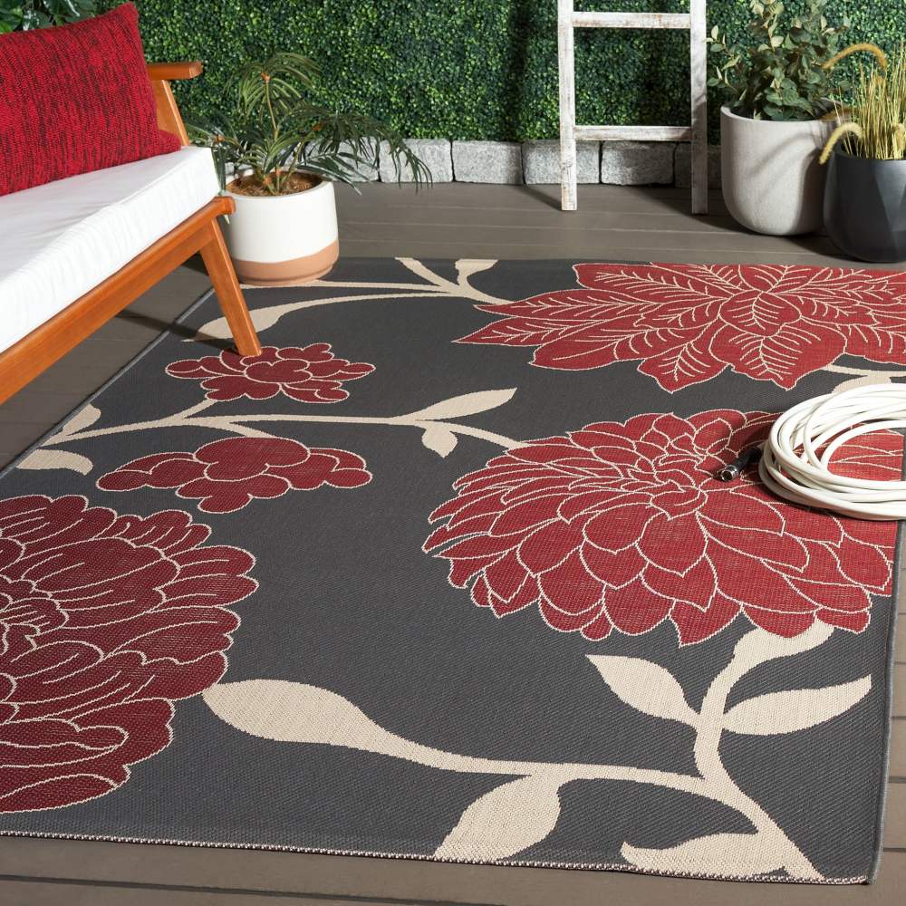 Safavieh Courtyard Tyson Floral Indoor/Outdoor Area Rug, Anthracite/Red, 6'7" x 9'6" - Image 2
