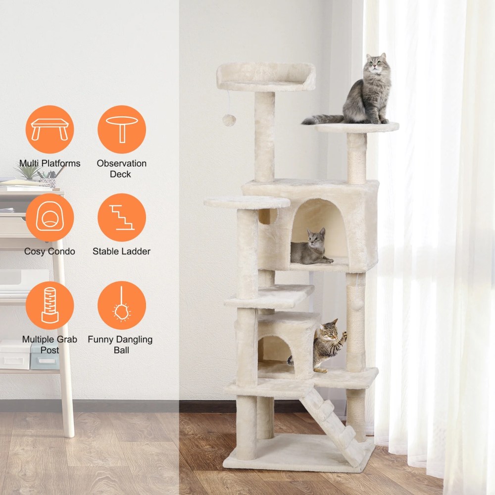 ZENSTYLE 53" Cat Tree Scratching Post Condo Tower Pet Kitty Playhouse, Beige - Image 7