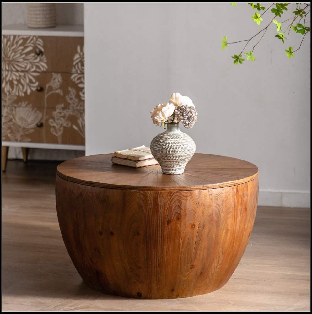 31.50"Vintage Style Bucket Shaped Coffee Table with storage function,for Office,Dining Room and Living Room,Brown