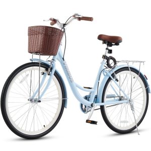 Viribus 24-inch Women's City Cruiser Bicycle with Carbon Steel Frame, Basket, and Dual V-Brakes for Women and Adults, Blue