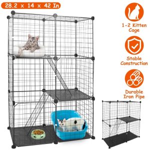 Imountek Large 3 Tier Cat Metal Fence,  Detachable Crate Kennel with 2 Ladders Large Cat Cage Indoor for 1-2 Pets,  Black