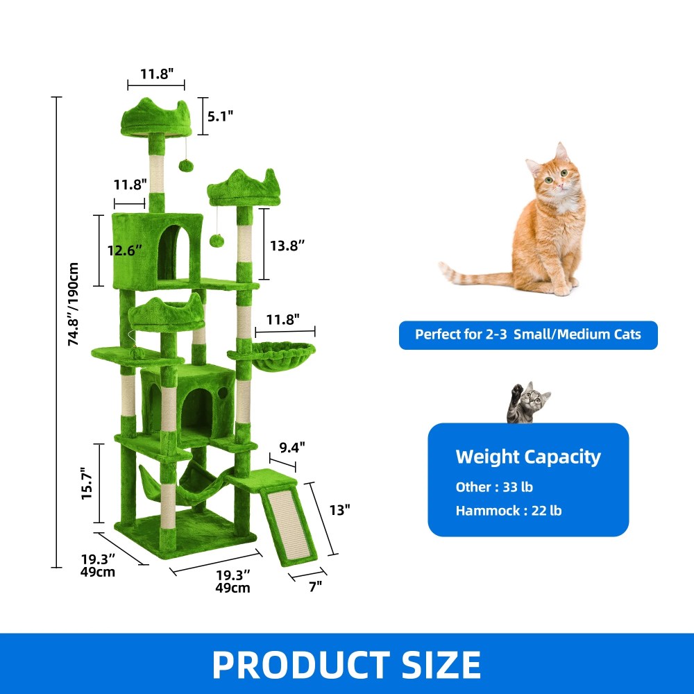Uforic 75" Large Cat Tree Tower with Multi-Level Play Condo, Sisal Ramp, Scratching Posts & Cozy Basket Hammocks, Green - Image 6