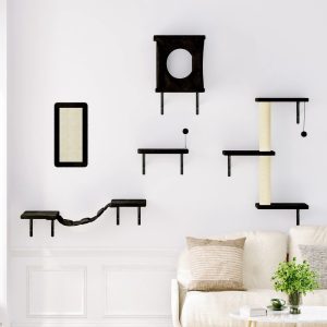 LHBCraft 5Pc Cat Wall Shelves Set,  Black Wall-Mounted Cat Climber with Bridge & Perch