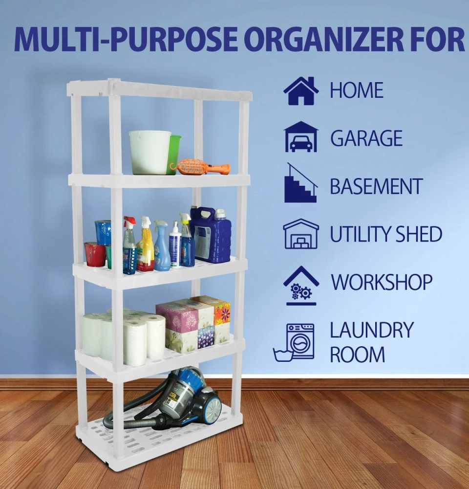 Oskar Plastic Shelving Unit Storage Shelf 5-Tier 74"H x 36"W x 18"D White 750lb Capacity - Image 10