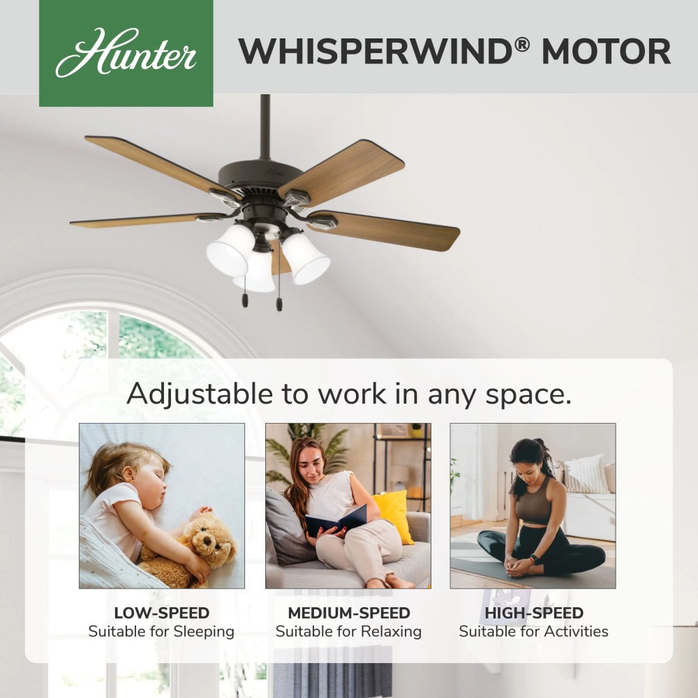 Hunter - Swanson Indoor Ceiling Fan With Light, 44-inch, New Bronze, Traditional-style, 3-speed WhisperWind Motor, 50881, for living rooms, bedrooms, home offices, kitchens - Image 6