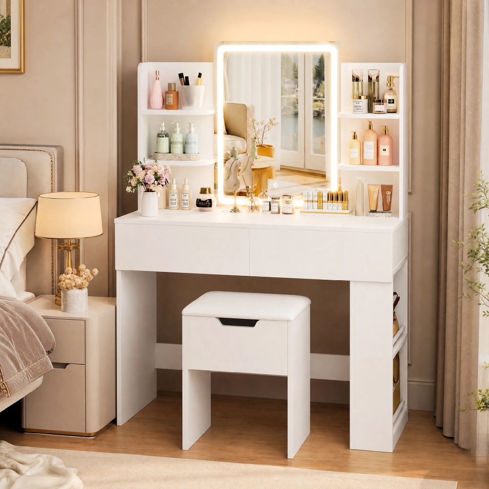 Homall Vanity Desk Set with 3 Colors LED Lighted Mirror,Makeup Vanity with Stool,Storage Shelves and Drawers,Vanity Table Dressing Table for Bedroom,White