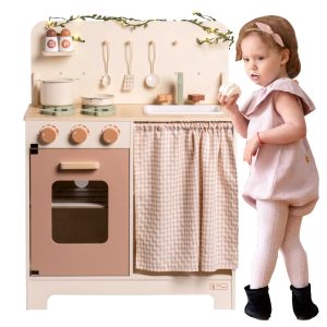 Robud Kids Kitchen Play Set,Rustic Wooden Pretend Play Kitchen with Light for Toddlers 3 ,Rustic Style Pink