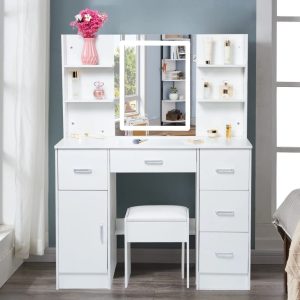 Yamissi Makeup Vanity Desk with Mirror & Led Lights,Vanity Set w/ 5 Drawers & Stool,Dressing Table for Girls Princess,White