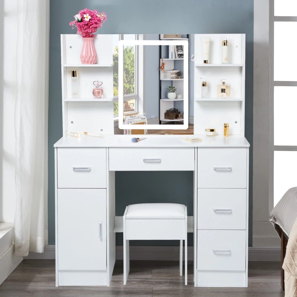 Yamissi Makeup Vanity Desk with Mirror & Led Lights,Vanity Set w/ 5 Drawers & Stool,Dressing Table for Girls Princess,White