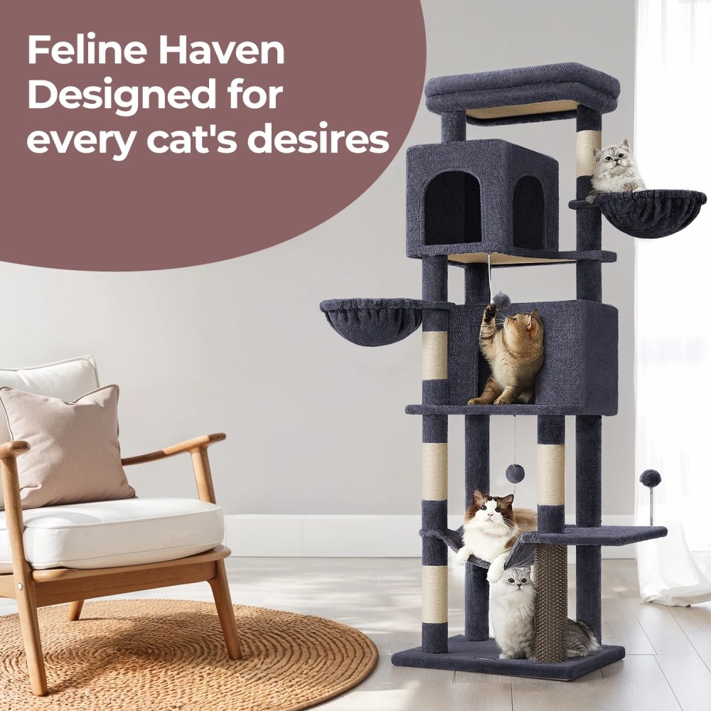 LEDREM 69-inch Cat Tree, Multi-Level Cat Condo with Caves, Baskets, Scratching Posts, Hammock & Perch, Self-Groomer, Dark Gray - Image 2