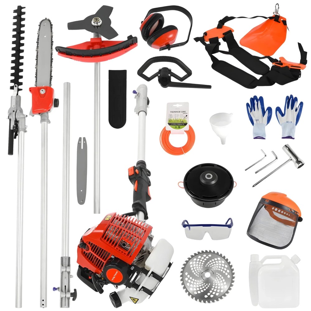 WETS 5 in 1 Garden Hedge Trimmer Combo,52cc 2-Stroke Gas Powered Long Reach Pole Saw Grass String Trimmer Brush Tree Cutter Pruner Weed Eater Multi Functional Garden Trimming Tools
