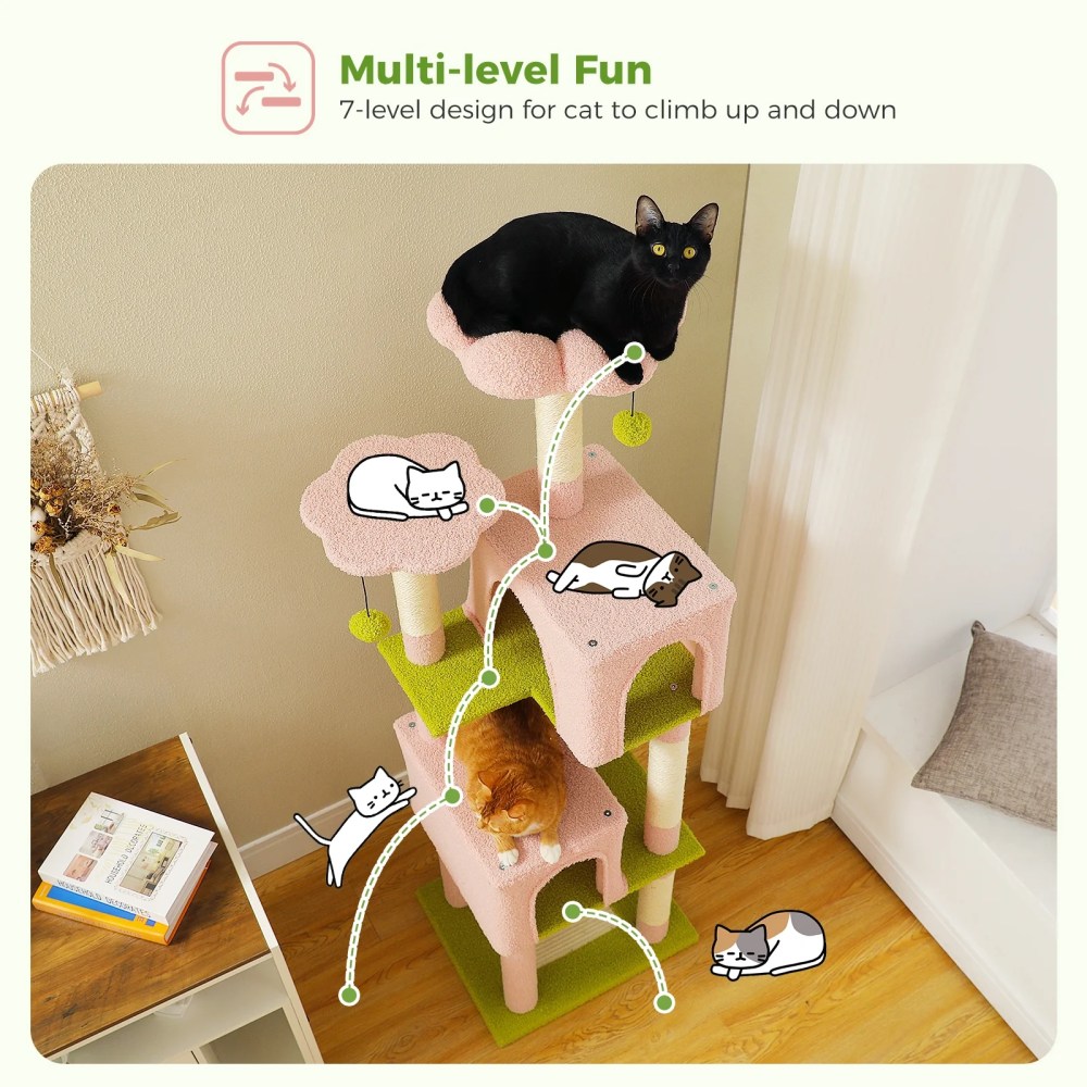 Pefilos 62" Cat Tree for Indoor Cats, Modern Cat Tree Tower with 2 Spacious Condos, Scratching Pad, 4 Cat Scratching Posts, 2 Top Perches, 2 Pompoms, - Image 3