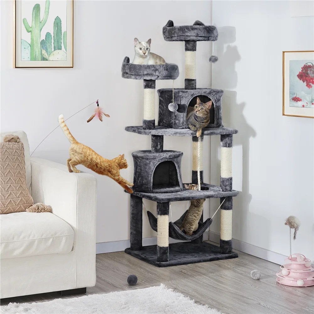Alden Design 62" Tall Double Condo Cat Tree and Scratching Post Tower, Dark Gray - Image 10