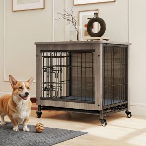 Uforic 27" Dog Crate Furniture with Cushion & Tray,  Wooden Indoor Dog Kennel End Table for Small Dogs,  Gray