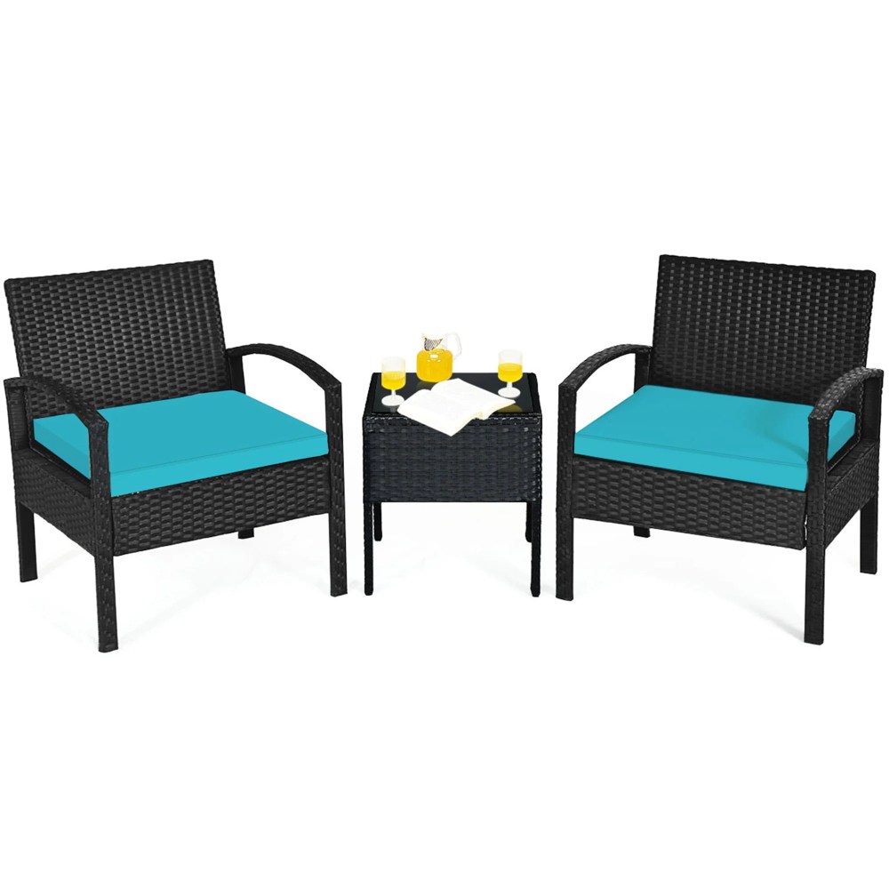 Gymax 3PCS Patio Rattan Conversation Furniture Set Outdoor Yard w/ Turquoise Cushions - Image 9