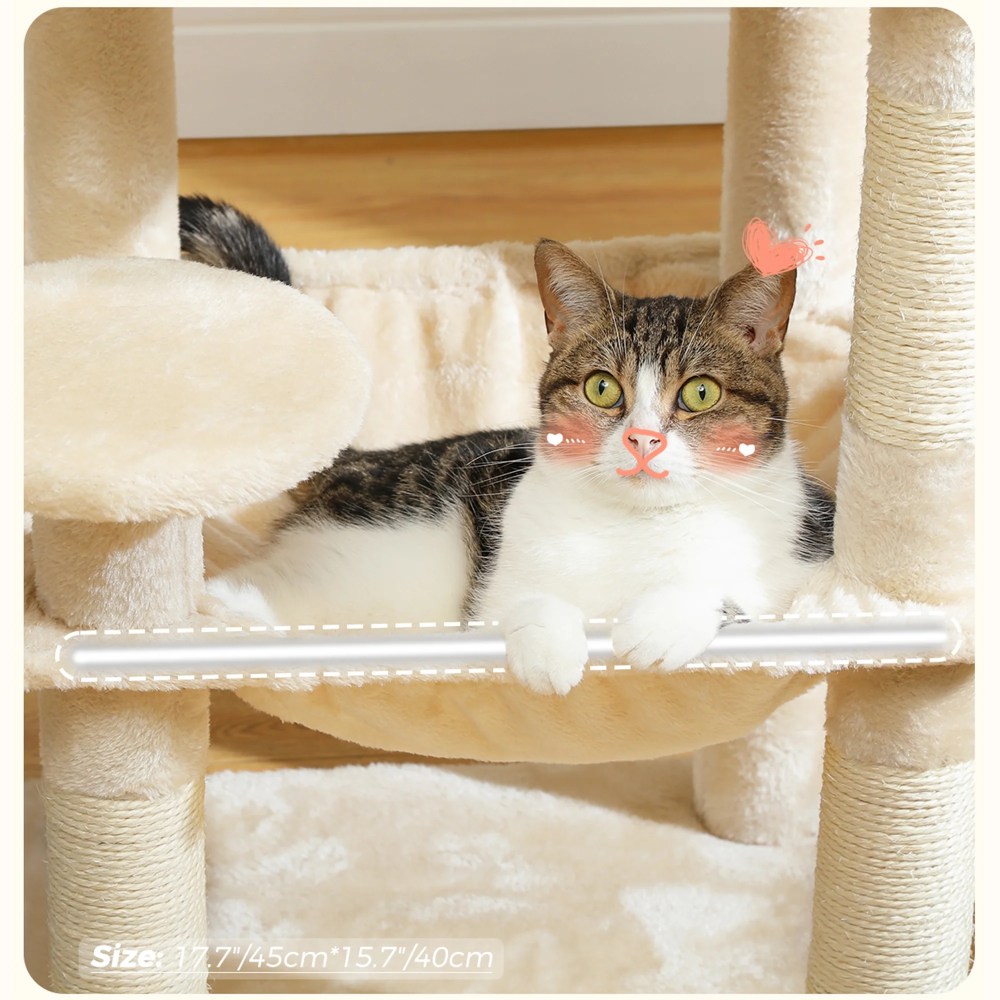 Pefilos 45" Cat Tree Tower for Indoor Cats, 5-Level Cat Condo for Large Cats with Large Hammock, Big Top Perch and 4 Sisal Covered Scratching Pos, Beige - Image 2