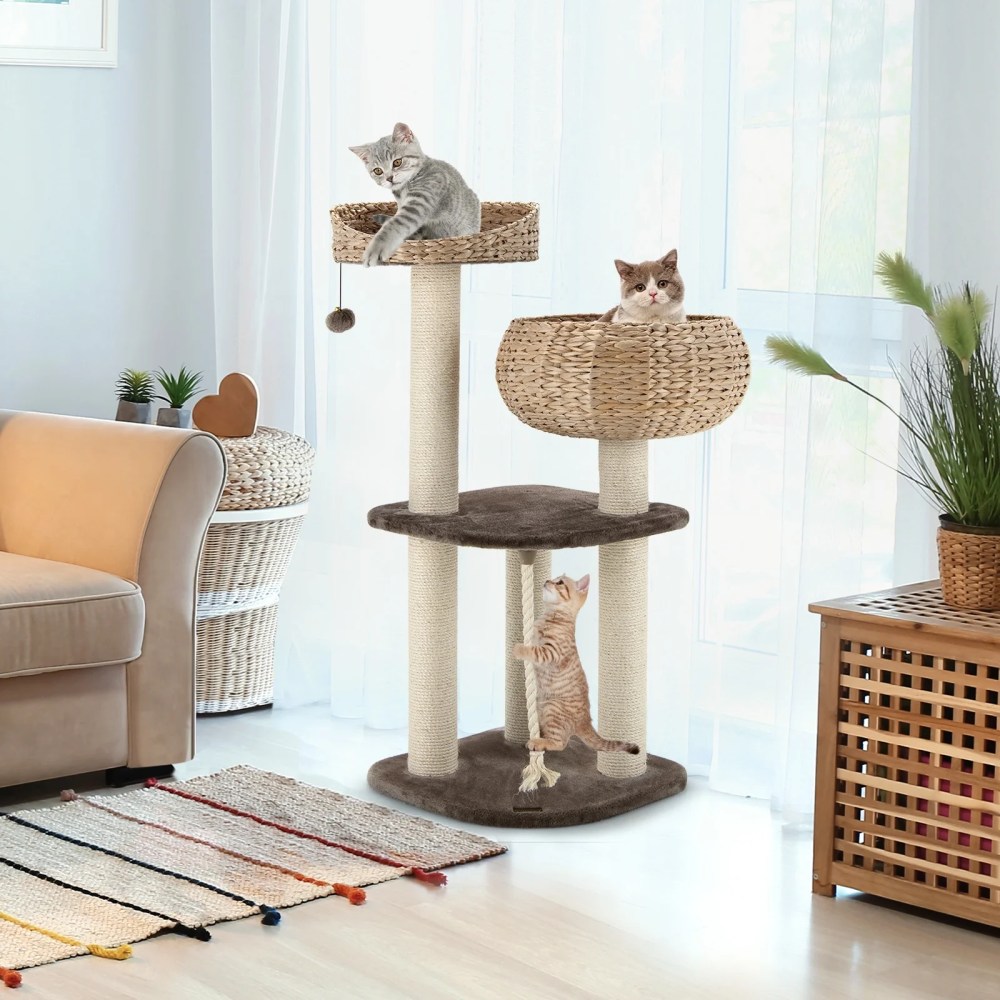 Infans 41" Rattan Cat Tree Cat Activity Tree w/Napping Perch & Hanging Rope