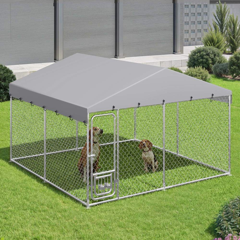 Dextrus 10'x10" Large Outdoor Dog Kennel, Outdoor Dog Enclosure with Rotating Feeder Bowls & Roof, Heavy Duty Dog Kennel for Backyard Farm - Image 2