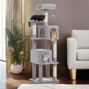 Pefilos 62" Modern Cat Tree Tower with 2 Condos,  4 Cat Scratching Posts,  Cat Tree House for Indoor Cats with Removable Soft Perches,  Gray