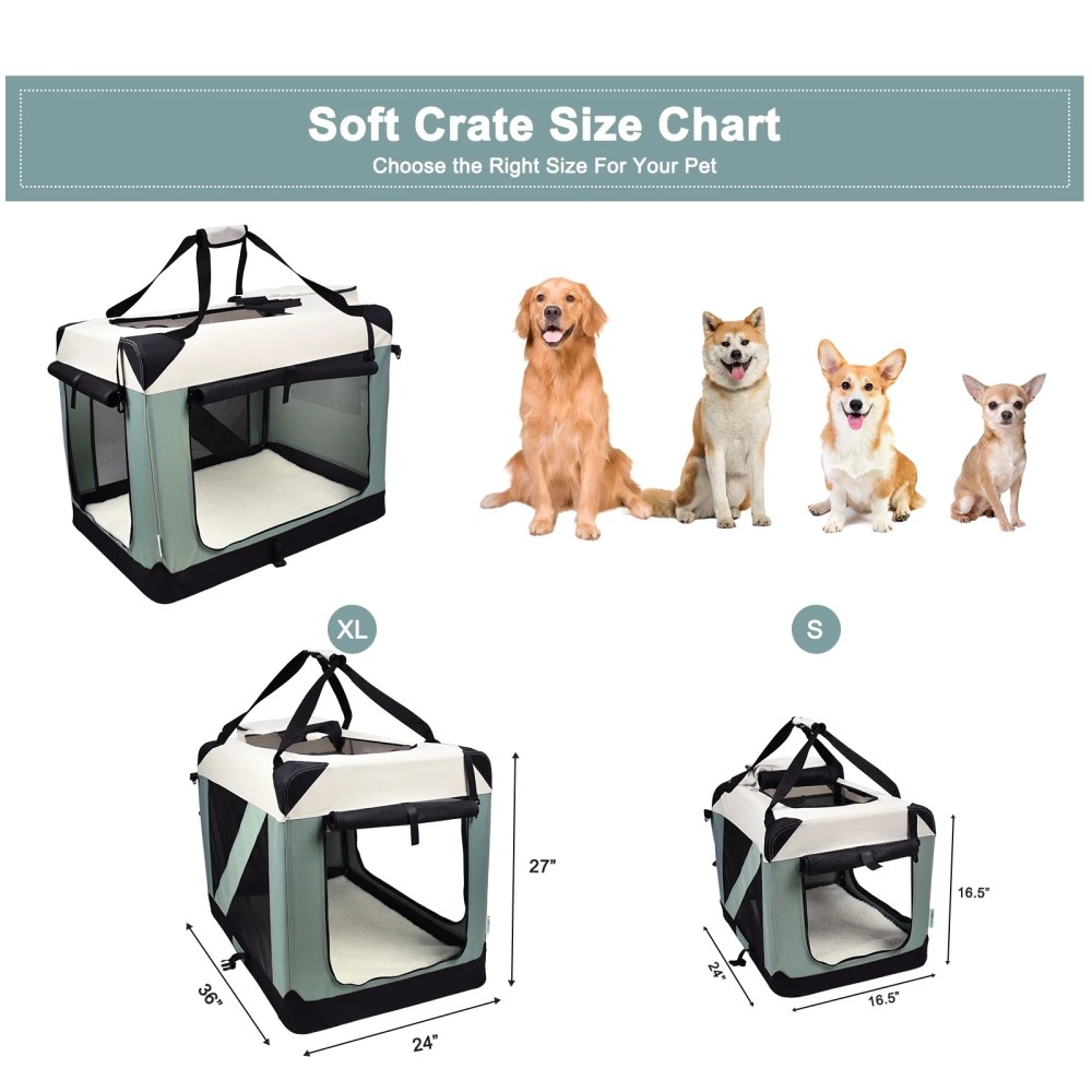 ZAKAPAWS Collapsible Soft Dog Crate, Portable 3 Door Dog Kennel, Travel Pet Crate Carrier for Indoor and Outdoor (Shale Green, 24" L x 16.5" W x 16.5" H) - Image 5