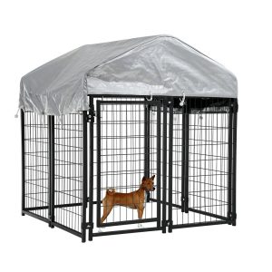 YRLLENSDAN 4 x 4 x 4.4 Ft Dog Kennel Outdoor Dog Pen Playpen House Heavy Duty Dog Crate Metal Galvanized Welded Pet Animal Camping Cage Fence with UV-Resistant Waterproof Cover and Roof