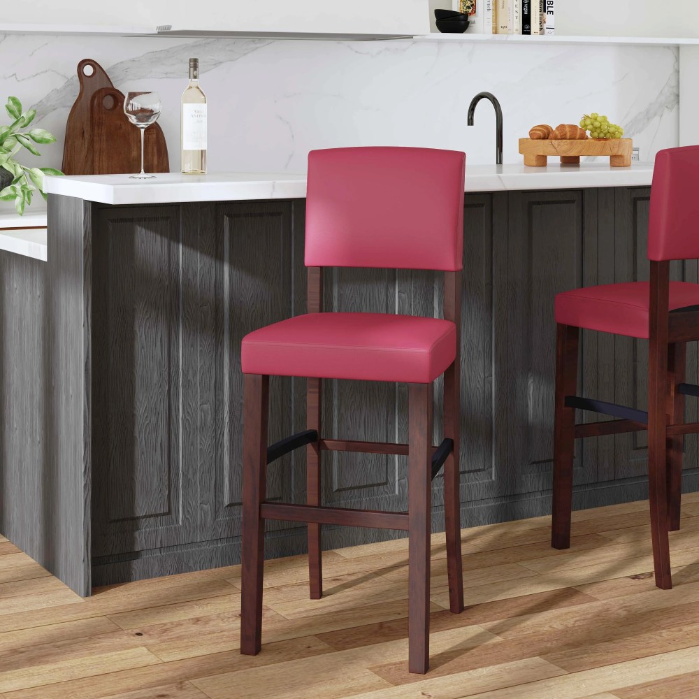 Linon Monaco Full Back Wood Bar Stool, 30" Seat Height, Espresso Finish with Dark Red Fabric - Image 4