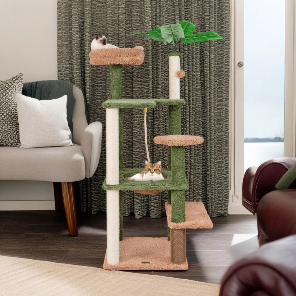 Pefilos 60" Cactus Cat Tree Tower for Indoor Cats, Multi-Level Cat Condo, Cat Tree House with Sisal Scratching Posts, Hammock and Perch, Green - Image 8