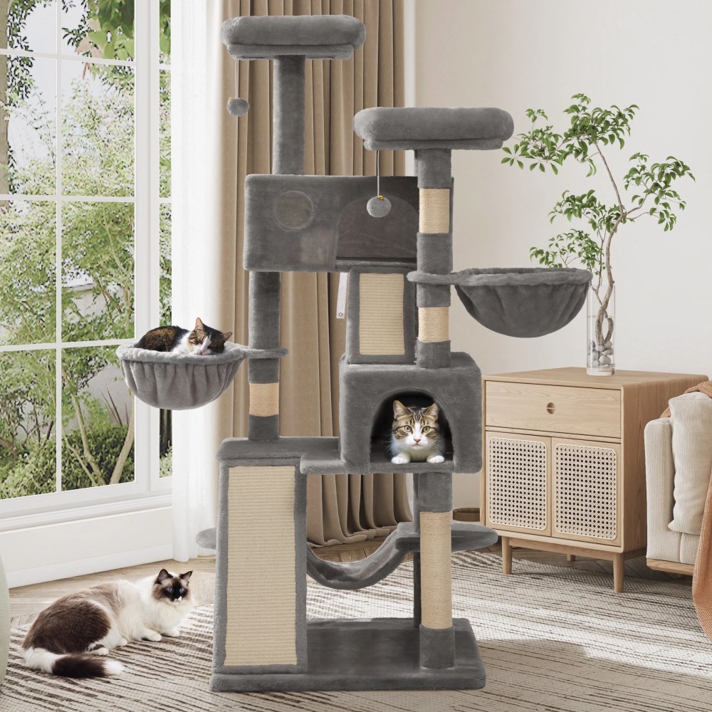Sifurni 65.7" Large Cat Tree Tower Condo House for Cats with 2 Scratching Ramps, Hammock & Posts, Gray - Image 2