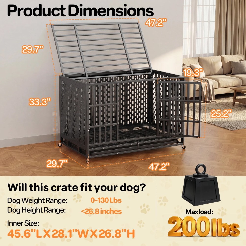 YOKWOK 48 Inch Heavy Duty Indestructible Dog Crate Cage, Chew Proof & Escape-Proof XL Kennel for High Anxiety Large Dogs, with Locking Wheels and Removable Tray for Indoor & Outdoor Use, Black - Image 8