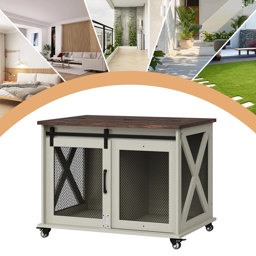 37" Stress-Free Dog Crate with Dual Access Sliding Barn Door & Flip Top Design Creates a Cozy Den for Your Pet - Image 44