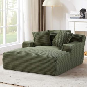 AENKYO Oversized Corduroy Chaise Lounge Chair-Extra Wide Cloud Couch Daybed with 3 Pillows,No Assembly,Deep Seat Sleeper Sofa for Living Room & Bedroom,Green
