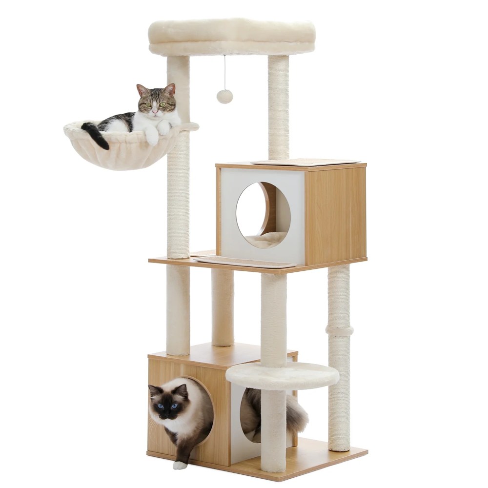 Pefilos 51" Wooden Cat Trees Towers for Large Cats with Cat Scratching Post and Removable Soft Perches Modern Cat Condo for Indoor, Beige - Image 9