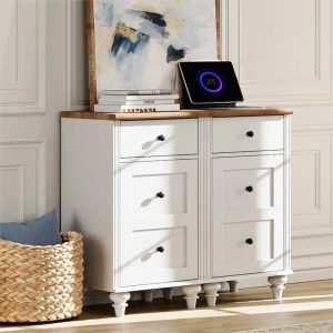 White End Tables with Charging Station,Farmhouse Side Tables with Drawer and cabinet,Wooden Nightstands Featuring Power Outlets for Living Room and Bedroom(Set of 2)